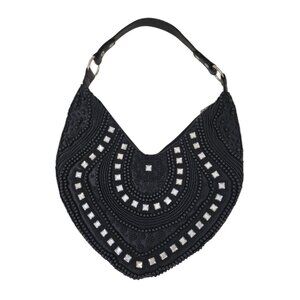 Far Nine Beaded Rhinestone Embellished Satin Hobo Shoulder Bag Black